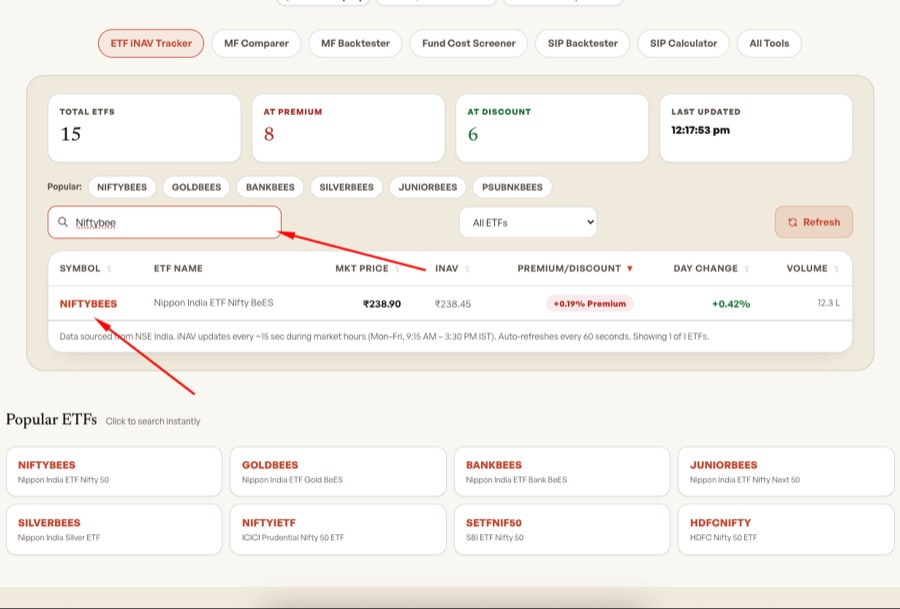 Search bar in ETF iNAV Tracker with annotation arrows highlighting where to type the ETF symbol